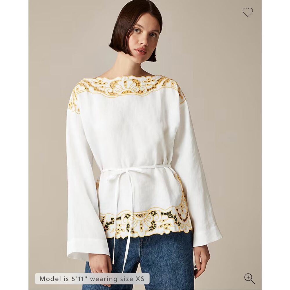 J. Crew Araceli Cutwork tunic top in linen White Yellow Size L NWT CI560